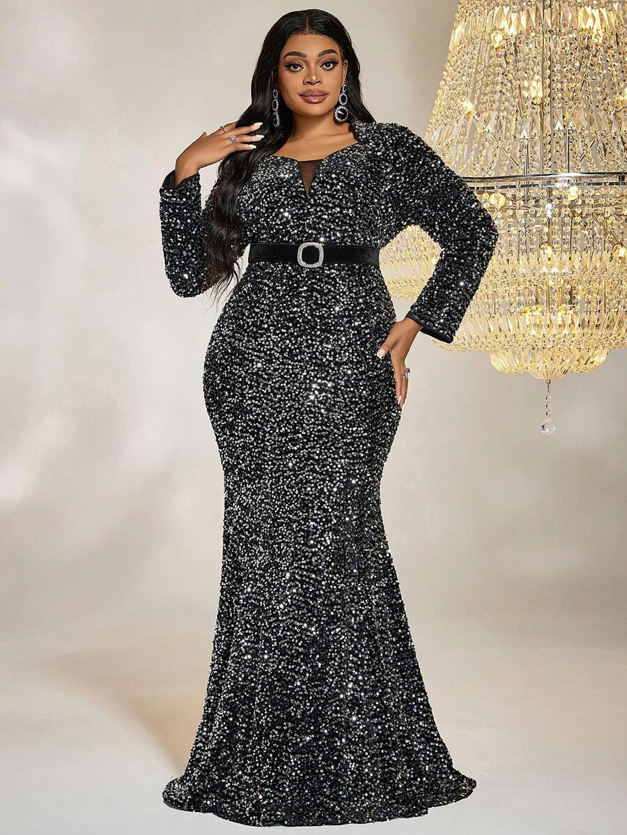 Plus Robe Habillée Col trou de serrure À Paillettes - Noir - Voir 1