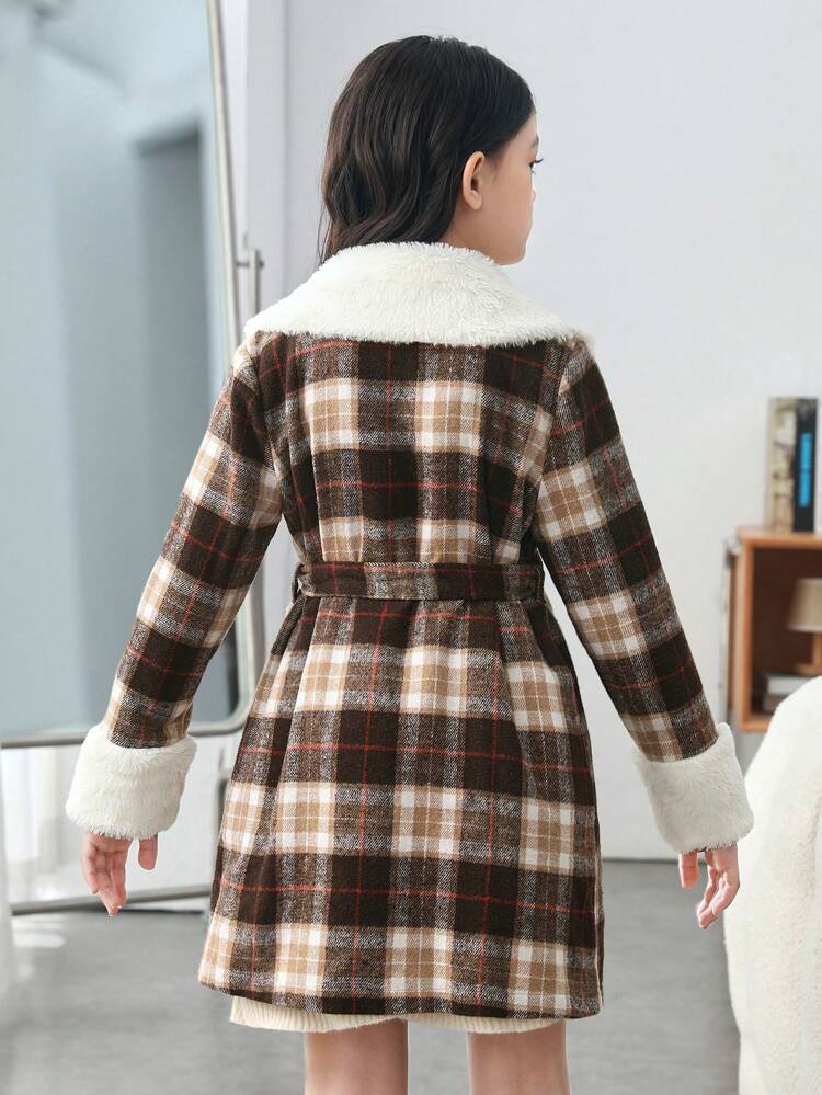 Tween Girl 1pc Plaid Print Borg Collar Belted Overcoat