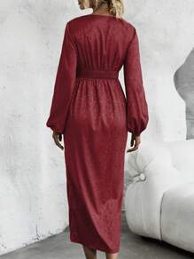 SHEIN Clasi 提花燈籠袖高衩洋裝