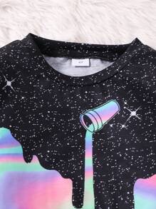 SHEIN Young Girl Marble and Galaxy Print Pullover & Sweatpants - Black - View 7