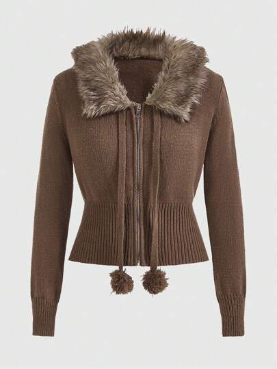 ROMWE Grunge Punk Borg Collar Pompom Detail Cardigan, School,Ladies Spring/Fall Casual Contrast Fluffy,Zipper Regular Sleeve Collar Slim Fit Brown Plain Women Cardigans,Winter Warmth/ Winter Fashion,Long Sleeve Tops