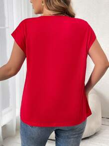 Vionelle Plus Solid Batwing Sleeve V Neck Tee For New Year Clothes - Red - View 2