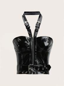 SHEIN ICON Bikercore Zip Up PU Leather Halter Top - Black - View 1