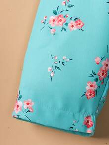 SHEIN Tween Girl Floral Print Fuzzy Trim Hooded Coat - Green - View 4