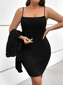 SHEIN Essnce Plus Turtleneck Drop Shoulder Tee & Slip Dress, For Winter - Black - View 7