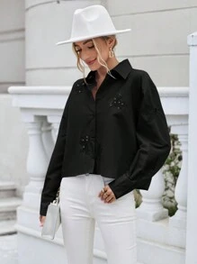 SHEIN Essnce 素色刺繡前紐扣落肩袖襯衫 - 黑色 - 查看 6