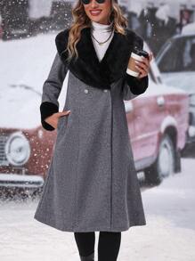 SHEIN Clasi Áo khoác cổ cúc đôi Borg - Màu Xám nhạt - Xem 5