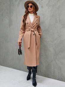 SHEIN Clasi Double Breasted Belted Overcoat - Khaki - View 6