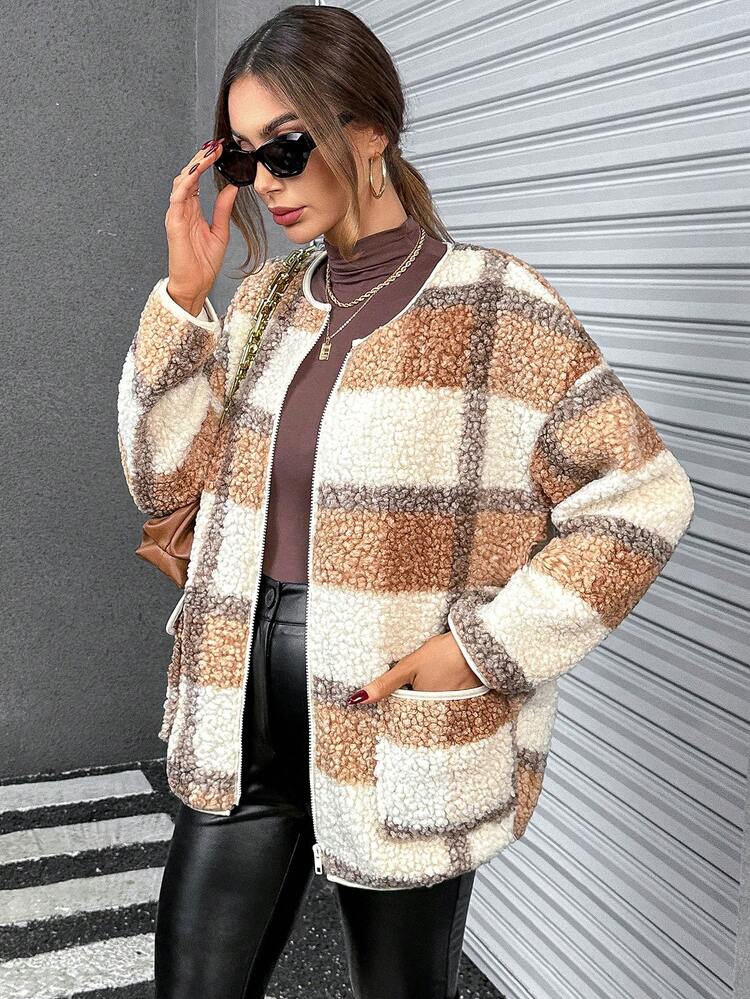 Plaid Print Drop Shoulder Teddy Coat