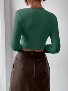 Chiquease 纯色罗纹针织短款毛衣，长袖套头针织衫，秋冬毛衣 - 墨綠色 - 查看 2