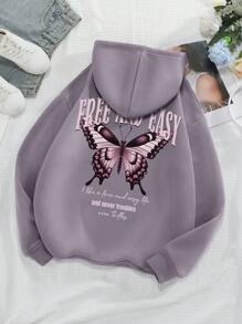 INAWLY Slogan & Butterfly Print Drawstring Thermal Lined Hoodie FREE AND EASY,Long Sleeve Tops Graduation,Back To School Outfits,Graduation,Teacher Outfits For Women,Back To School Pullover Fall Outfit