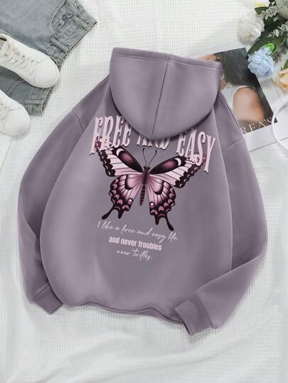 INAWLY Slogan & Butterfly Print Drawstring Thermal Lined Hoodie FREE AND EASY,Long Sleeve Tops Graduation,Back To School,Graduation,Teacher For Women,Back To School Pullover Fall Sweatshirt