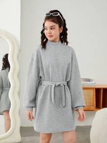 青少年女孩小高領落肩袖繫腰帶洋裝 - 灰色 - 查看 3