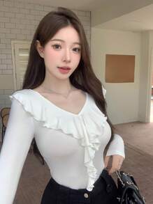 DAZY 素色荷葉邊修身T恤 - 白色 - 查看 7