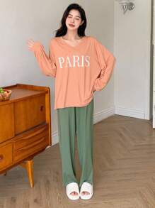 DAZY Conjunto de pijama de hombro caído con gráfico de letra - Multicolor - Ver 3