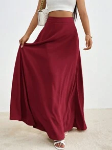 Firerie Solid High Waist Maxi Skirt - Burgundy - View 3