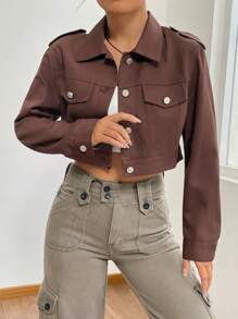 SHEIN EZwear Cazadora crop con diseño de solapa - Marrón - Ver 4