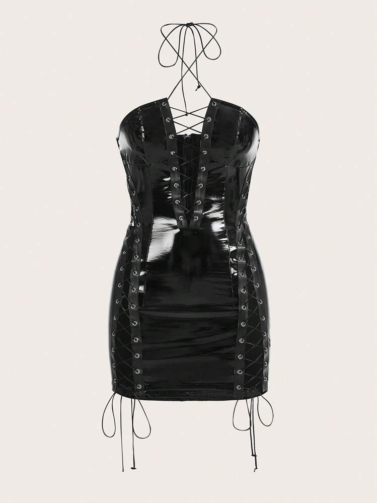 SHEIN ICON Homecoming Dress Lace Up Front Halter Neck Backless PU Leather  Black Mini Dress | SHEIN