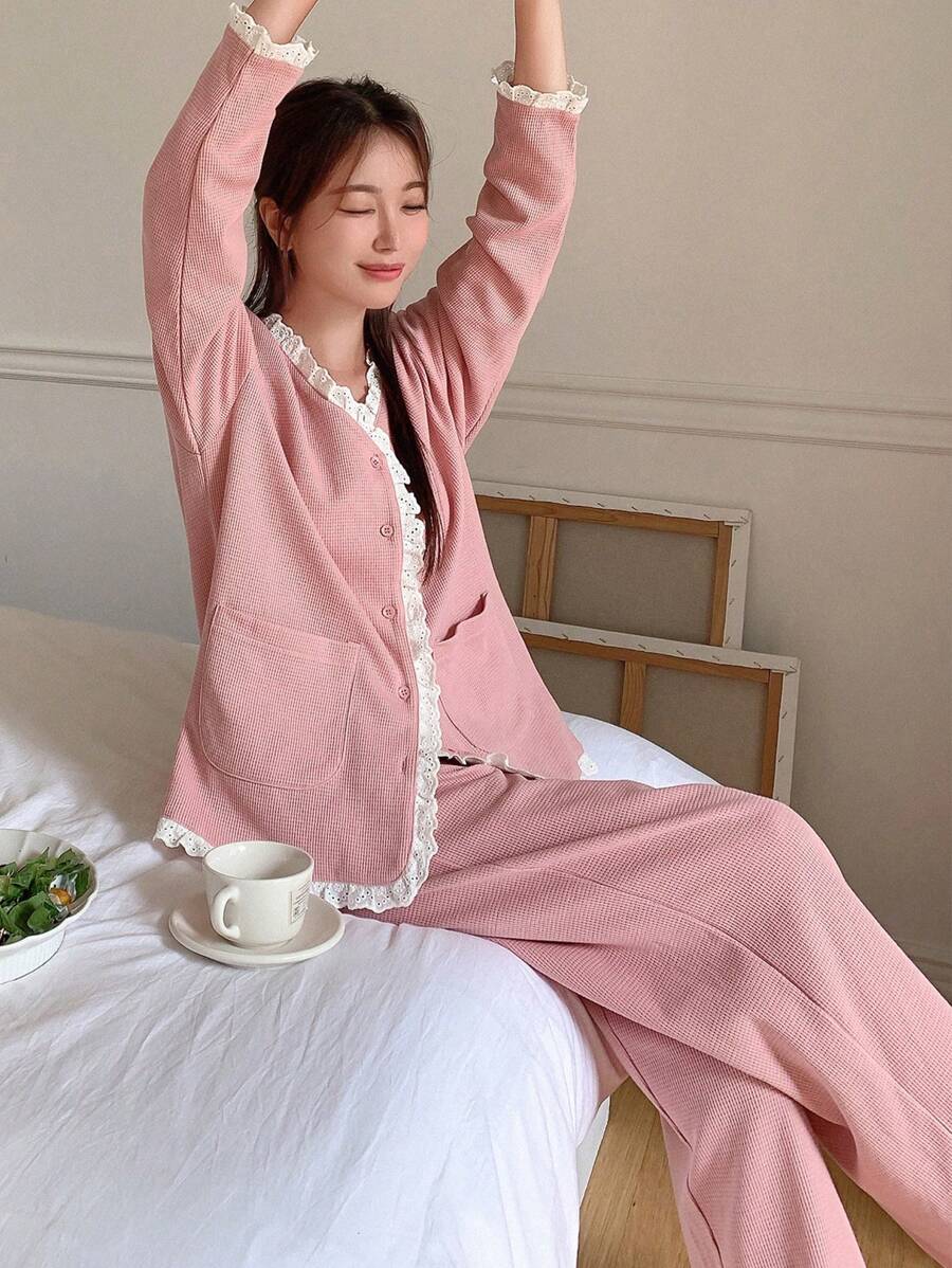 DAZY Tương phản Schiffy Trim Vá Túi Bộ PJ - Bụi hồng - Xem 1