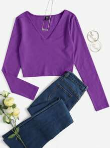 SHEIN EZwear Cổ chữ V Chất rắn Áo phông Crop - Màu tím - Xem 1