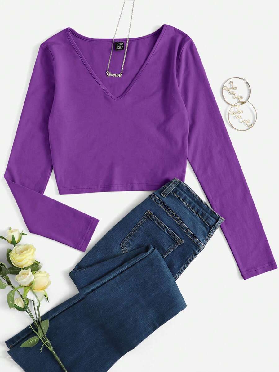 SHEIN EZwear Cổ chữ V Chất rắn Áo phông Crop - Màu tím - Xem 1