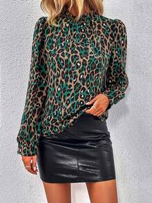 SHEIN Clasi Leopard Print Mock Neck Blouse - Green - View 3