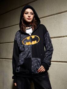 Batman X ROMWE 卡通圖案拉鏈開襟抽繩連帽衫 - 黑色 - 查看 6