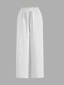SHEIN Tween Girls' Loose Elegant Daily Wear Drawstring Straight Plain Simple Pants With Big Pockets - White - View 2