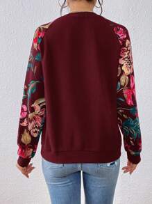 SHEIN LUNE Floral Print Raglan Sleeve Sweatshirt In Fall/Winter - Burgundy - View 2