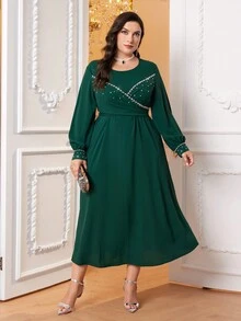 Al Najma 大碼珍珠串珠燈籠袖洋裝 - 綠色 - 查看 4