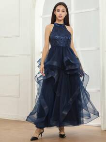 SHEIN 女孩亮片拼接網紗覆蓋吊脖派對禮服 - 藍色 - 查看 1