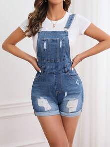 SHEIN Privé Ripped Roll Up Hem Denim Overall Romper Without Tee - Light Wash - View 6