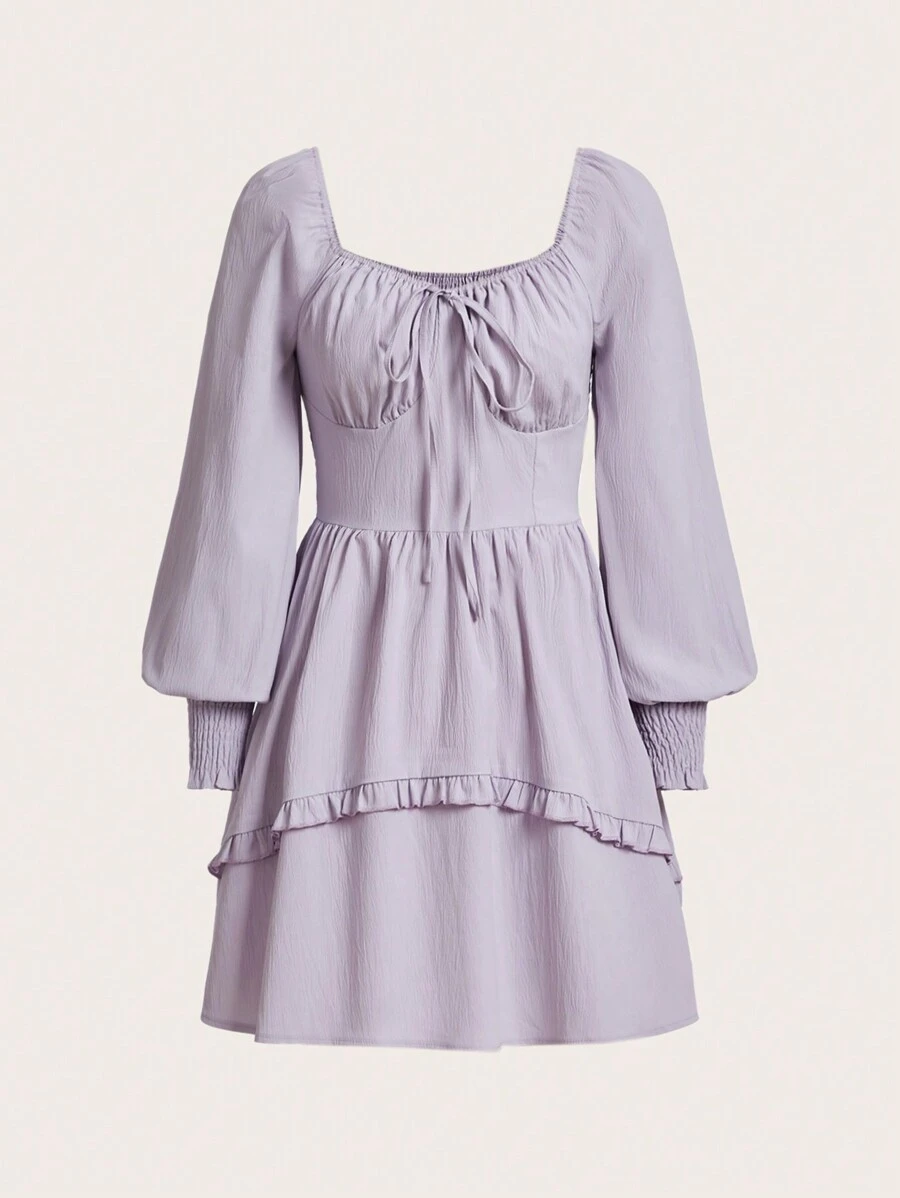 SHEIN MOD Solid Knot Front Ruffle Trim Dress - Mauve Purple - View 1