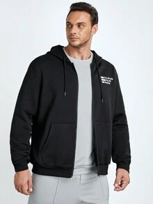 Manfinity Homme Men Plus Slogan Graphic Zip Up Dây rút Áo hoodie - màu đen - Xem 3