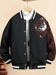 Tween Boy Bear Embroidery Striped Trim Drop Shoulder Varsity Jacket Without Sweatshirt - Black - View 1