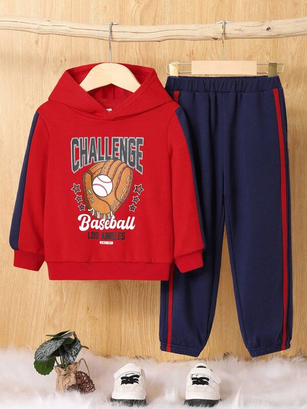 SHEIN 2pcs Young Boy Graphic Hoodie Sweatshirt And Sweatpants Set, Thermal Lined , Thickened