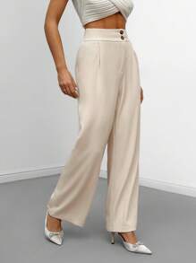 SHEIN Privé Solid Slant Pocket Wide Leg Suit Pants - Apricot - View 3
