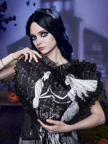 Corpse Bride | ROMWE 1入組字母骨架圖形心形設計裝飾枕頭，深色抱枕