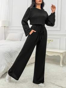 SHEIN EZwear Áo thun trễ vai & quần ống rộng eo dây rút - màu đen - Xem 4