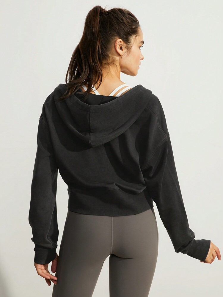 GLOWMODE 洗水法蘭絨復古袋式連帽衛衣,有拇指孔 - 深灰色 - 查看 2