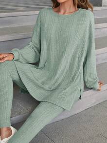 SHEIN Essnce Drop Shoulder Split Hem Tee & Leggings - Mint Green - View 5