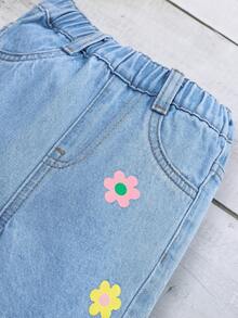 女孩嬰兒印花直筒牛仔褲 - 淺色水洗藍 - 查看 4