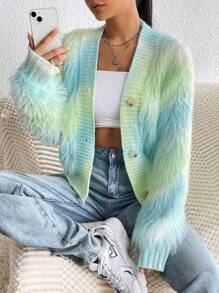 SHEIN Qutie Ombre Fluffy Knit Drop Shoulder Cardigan - Blue - View 1