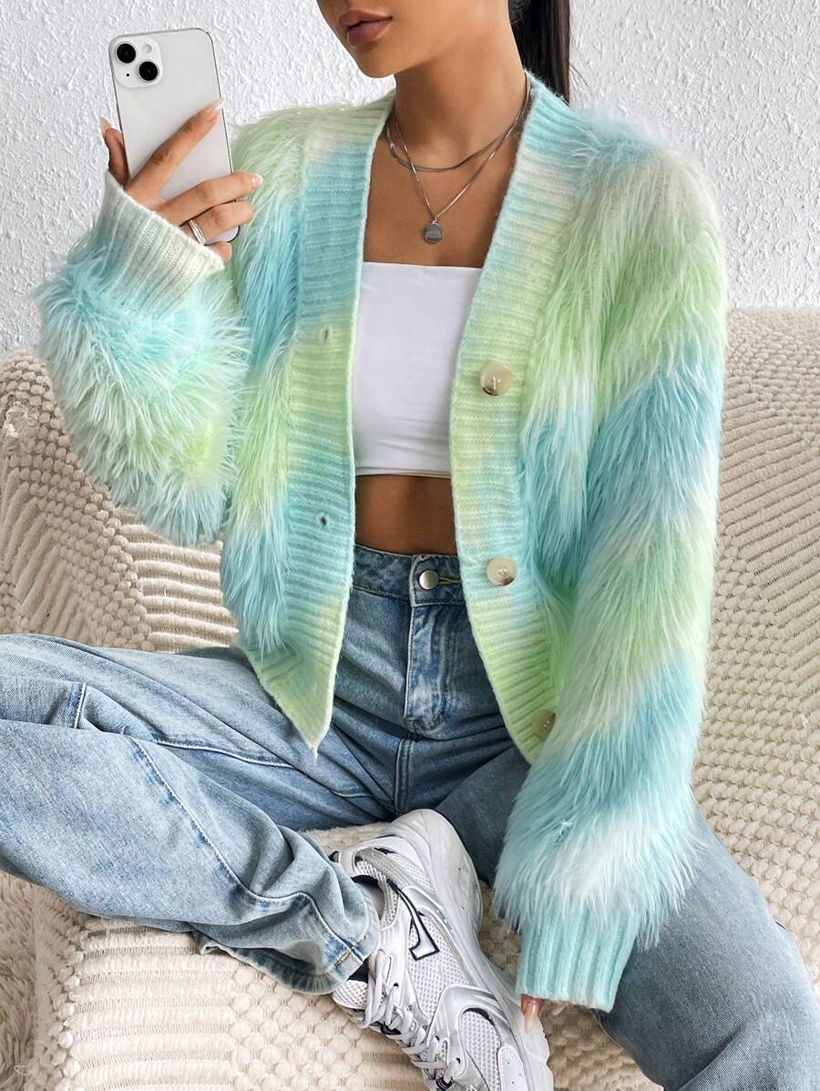 SHEIN Qutie Ombre Fluffy Knit Drop Shoulder Cardigan - Blue - View 1