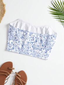 Soleia Ditsy Floral Print Tube Top - Blue and White - View 2