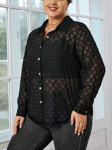 SHEIN Privé Plus Button Front Shirt Without Cami Top - Black - View 6