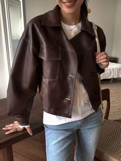 FRIFUL 翻盖口袋落肩 PU 夹克，秋季女装