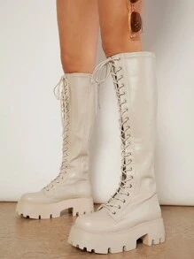 SHUZIA 人造皮革繫帶溝紋鞋底馬丁靴 - 米色 - 查看 6