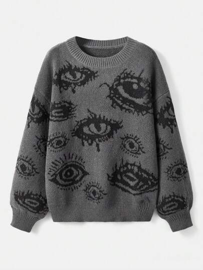 Grunge Punk Eye Pattern Drop Shoulder Sweater
