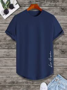 Manfinity Homme 男士字母圖案弧形下擺T恤 - 藏蓝色 - 查看 5